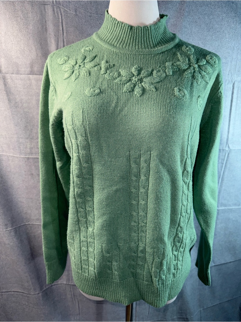 2173-Salon Studio Green Floral Cable-Detail Mock Neck Sweater - Women
